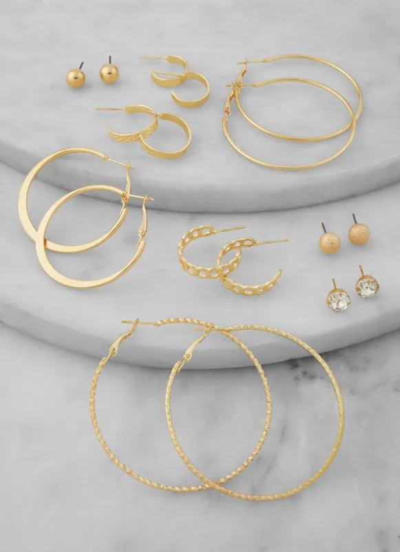Metallic Textured Hoop and Stud Earrings Set of 9 sold by Rainbow