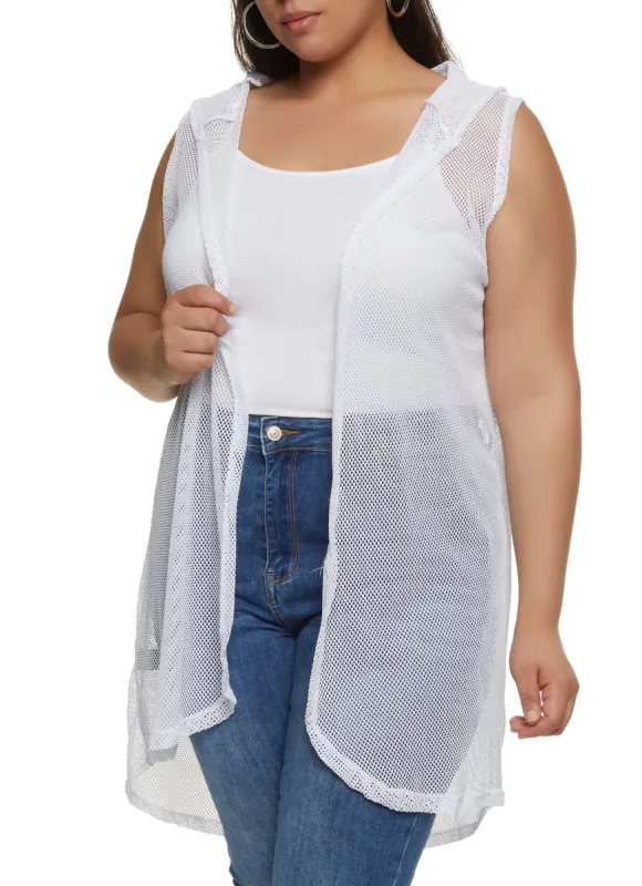Plus Size Fishnet Hooded Sleeveless Duster sold by Rainbow