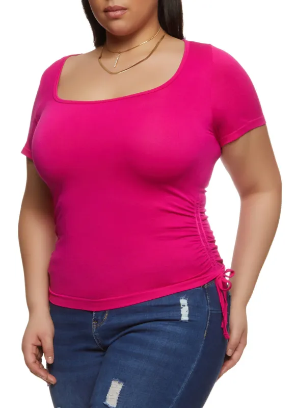 Plus Size Scoop Neck Ruched Side T Shirt sold by Rainbow