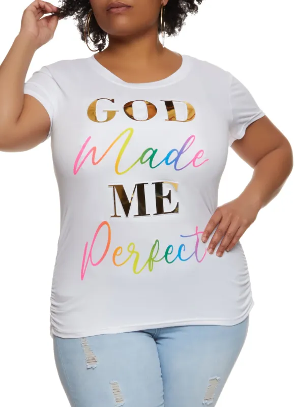 Plus Size God Made Me Perfect Embossed Foil Graphic Tee sold by Rainbow