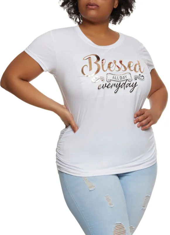 Plus Size Blessed All Day Everyday Embossed Foil Graphic Tee sold by Rainbow