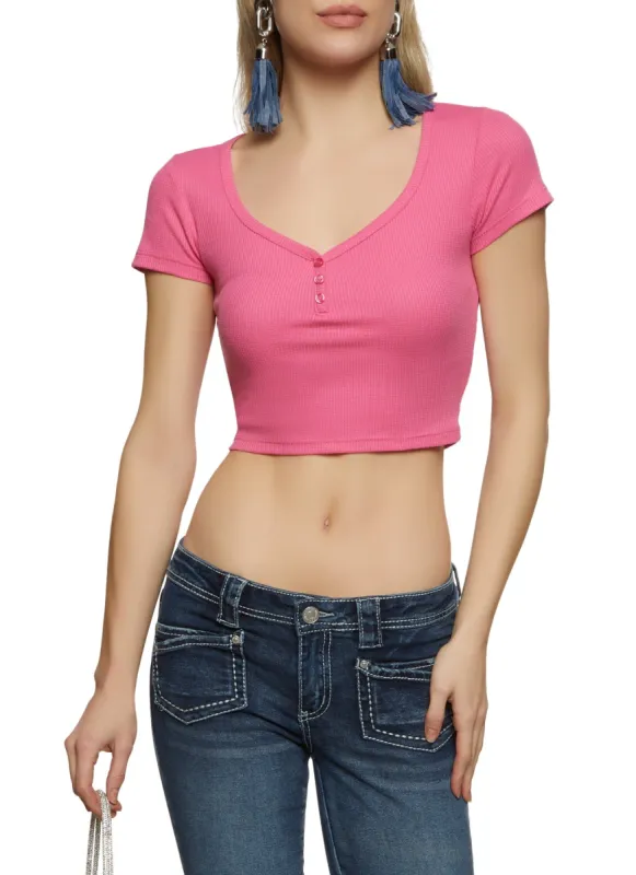 Textured Short Sleeve Cropped Henley Tee sold by Rainbow