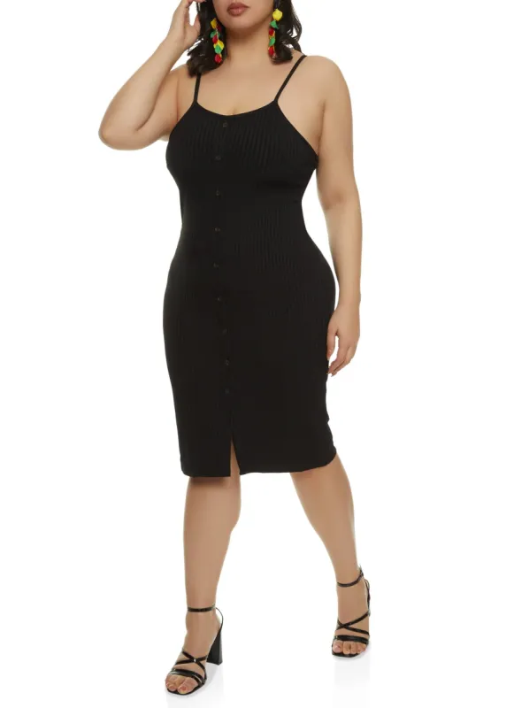 Plus Size Ribbed Knit Button Detail Cami Dress sold by Rainbow