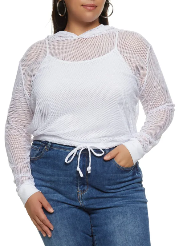 Plus Size Fishnet Drawstring Hem Hoodie sold by Rainbow