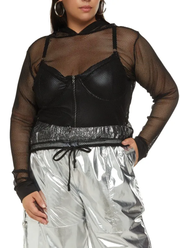Plus Size Fishnet Drawstring Hem Hoodie sold by Rainbow