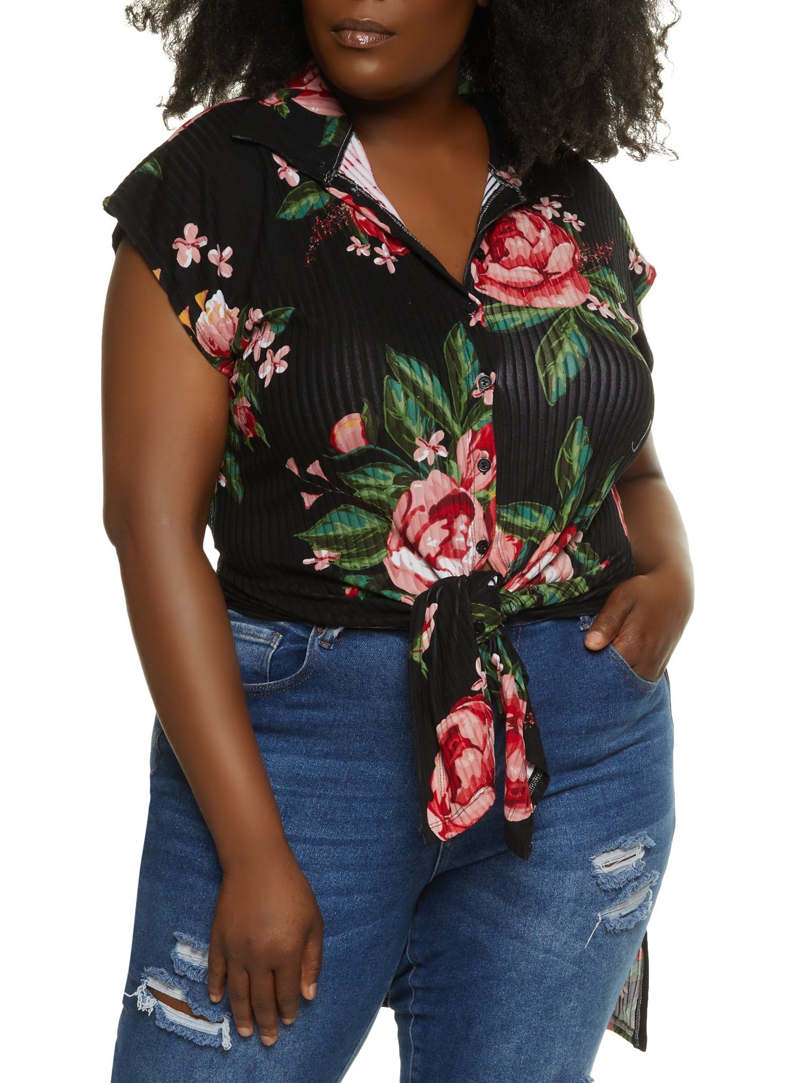 Plus Size Floral Print Tie Front High Low Shirt sold by Rainbow