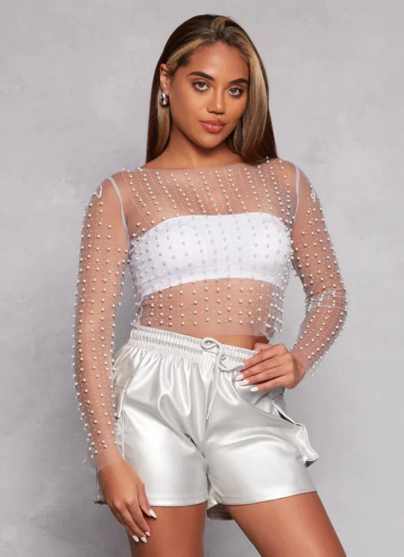 Haute Monde Mesh Rhinestone Faux Pearl Top sold by Rainbow