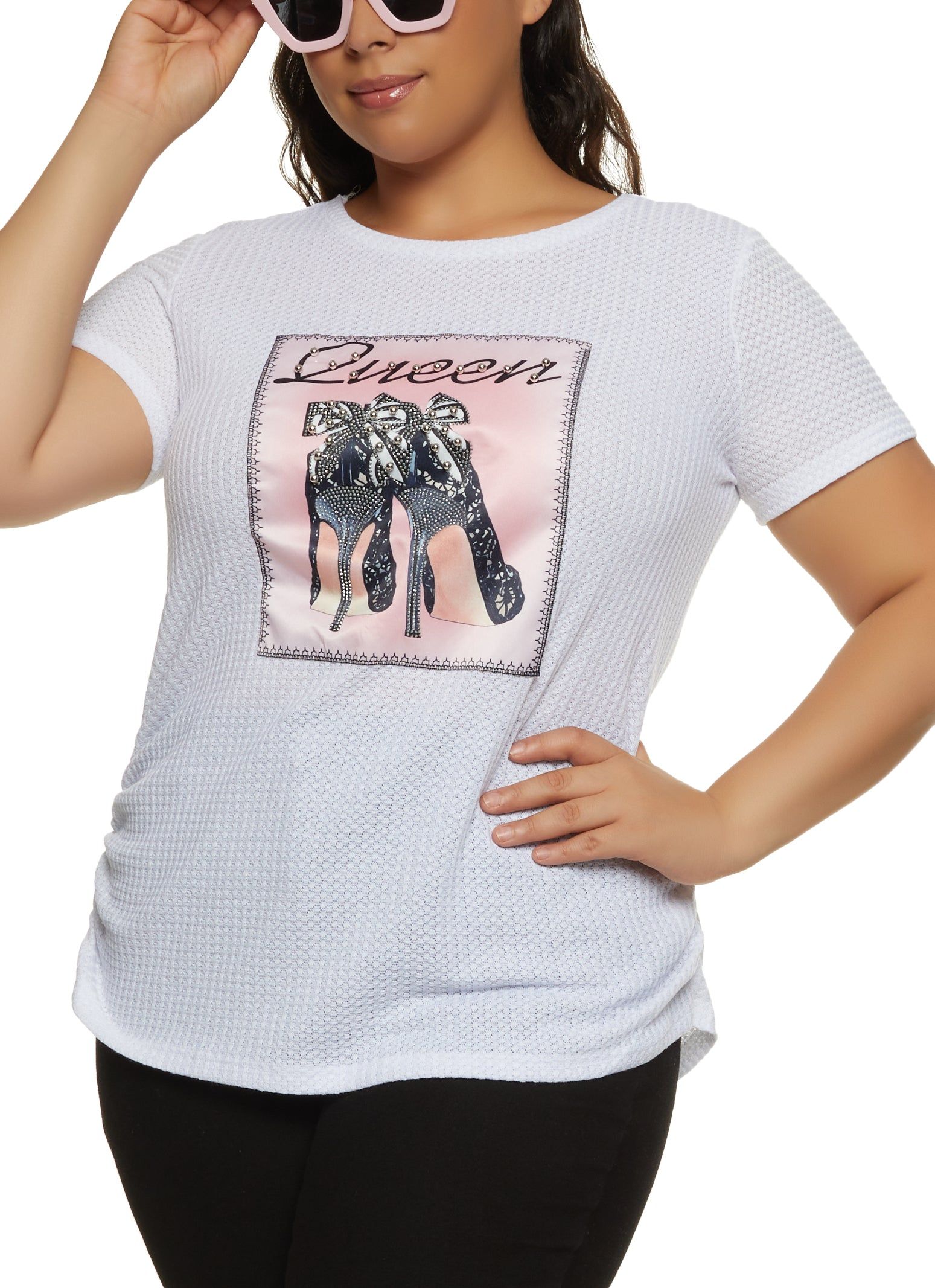 Plus Size Rhinestone Queen Patch Graphic Tee sold by Rainbow