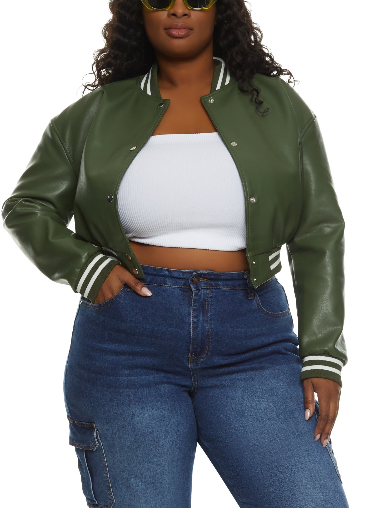 Plus Size Faux Leather Cropped Varsity Bomber Jacket sold by Rainbow