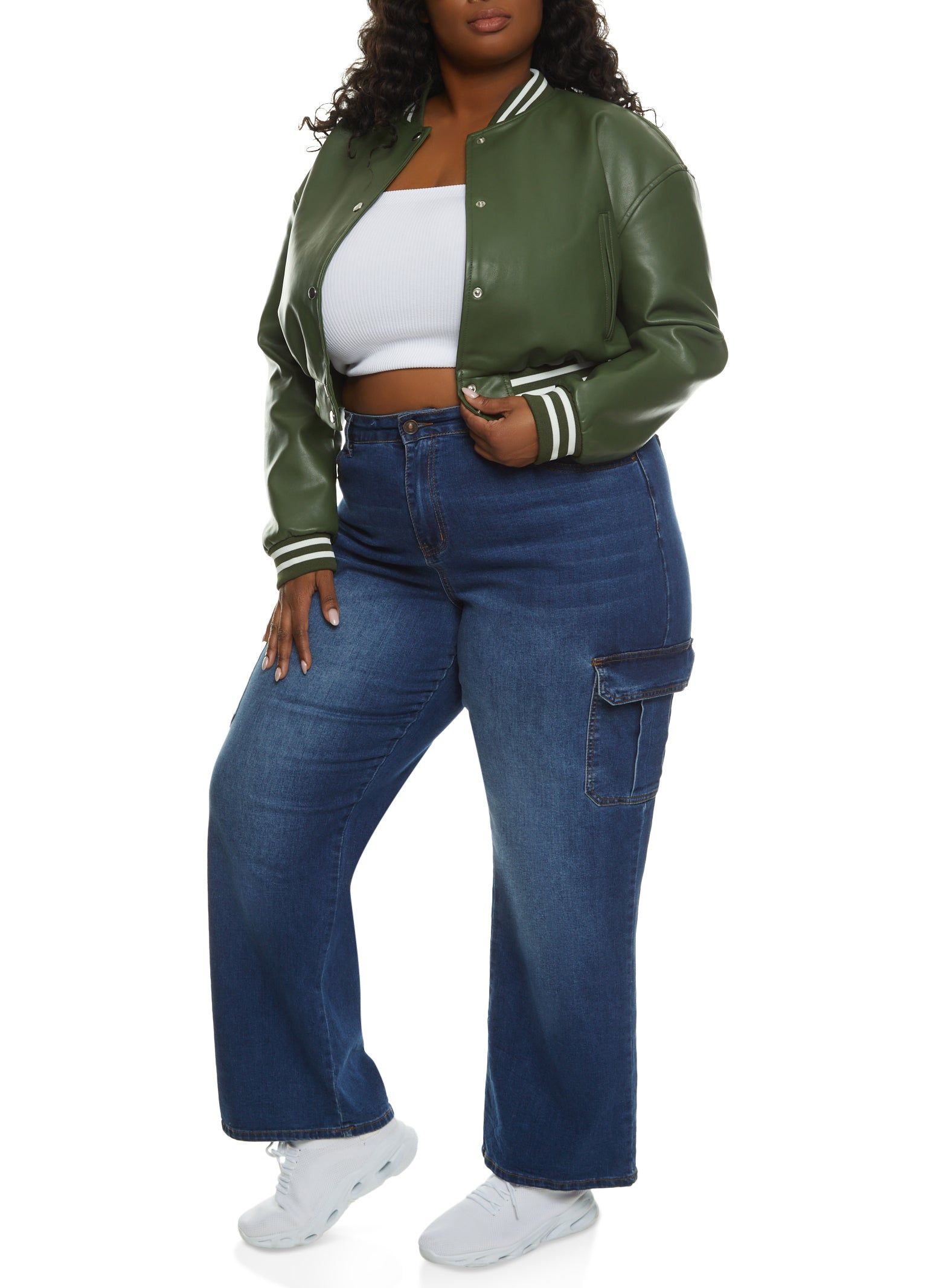 Plus Size Faux Leather Cropped Varsity Bomber Jacket sold by Rainbow product image thumbnail 2
