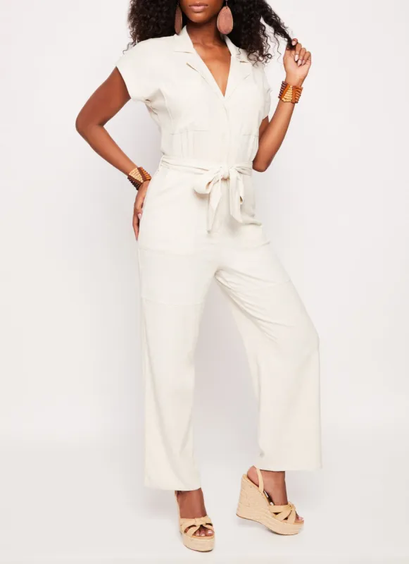 Haute Monde Linen Belted Wide Leg Jumpsuit sold by Rainbow