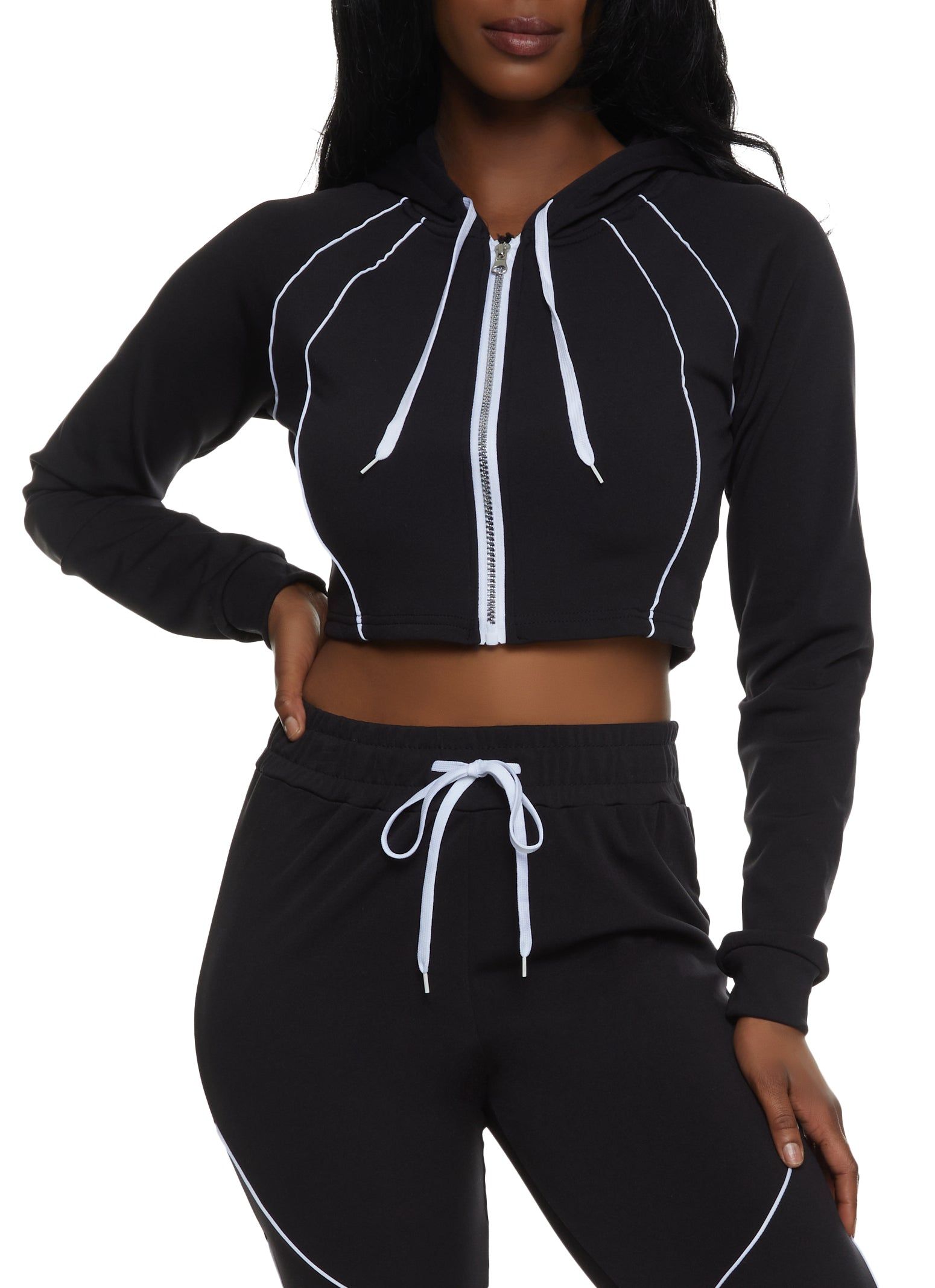 Contrast Piping Cropped Zip Front Hoodie sold by Rainbow
