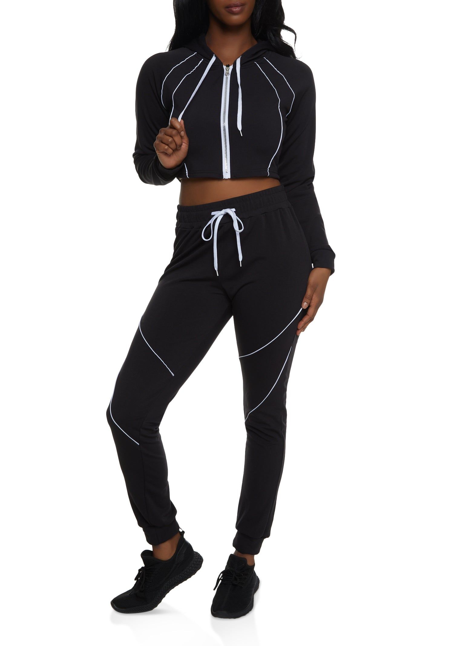 Contrast Piping Cropped Zip Front Hoodie sold by Rainbow product image thumbnail 2