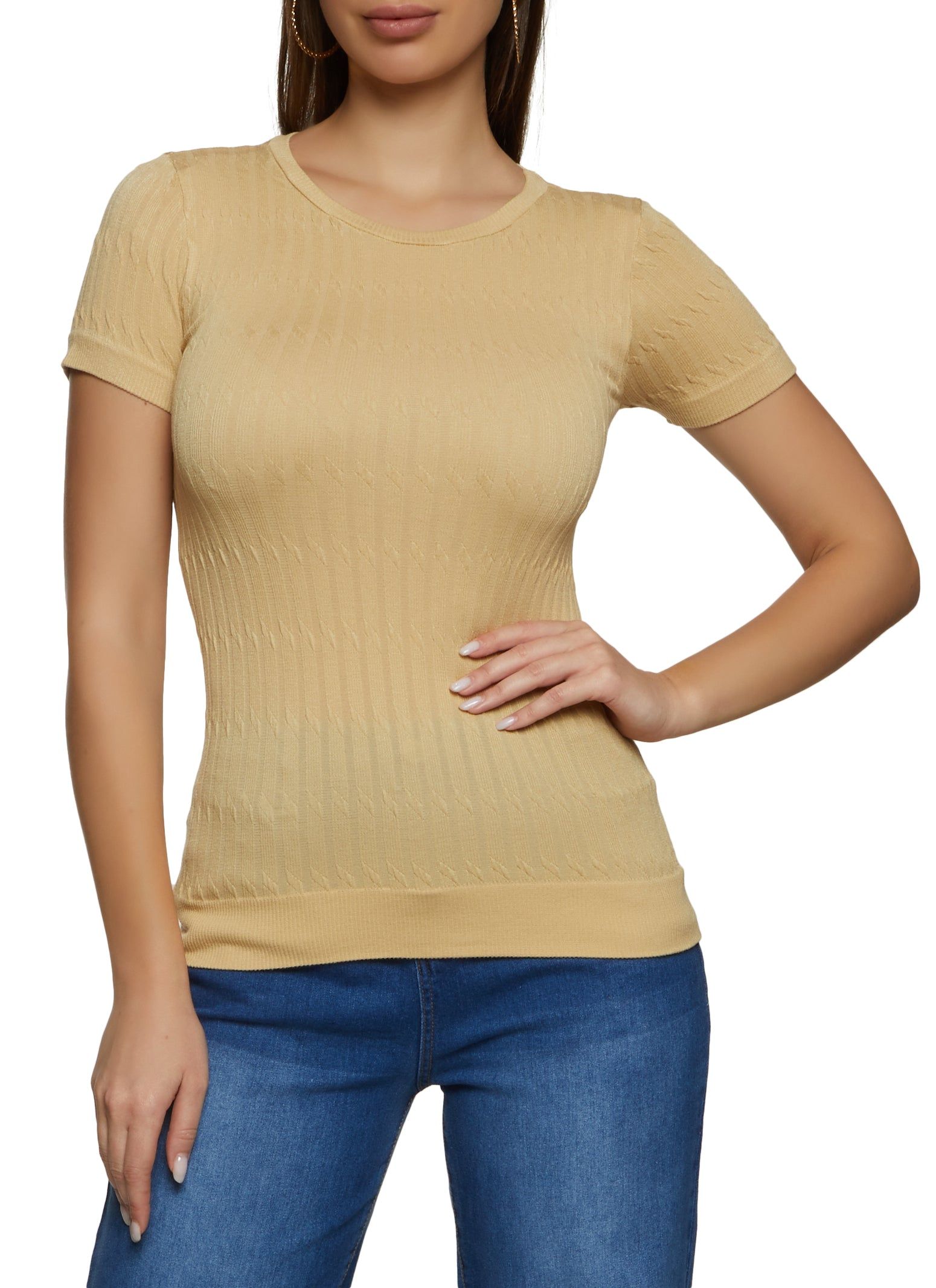 Textured Knit Crew Neck Seamless Tee sold by Rainbow