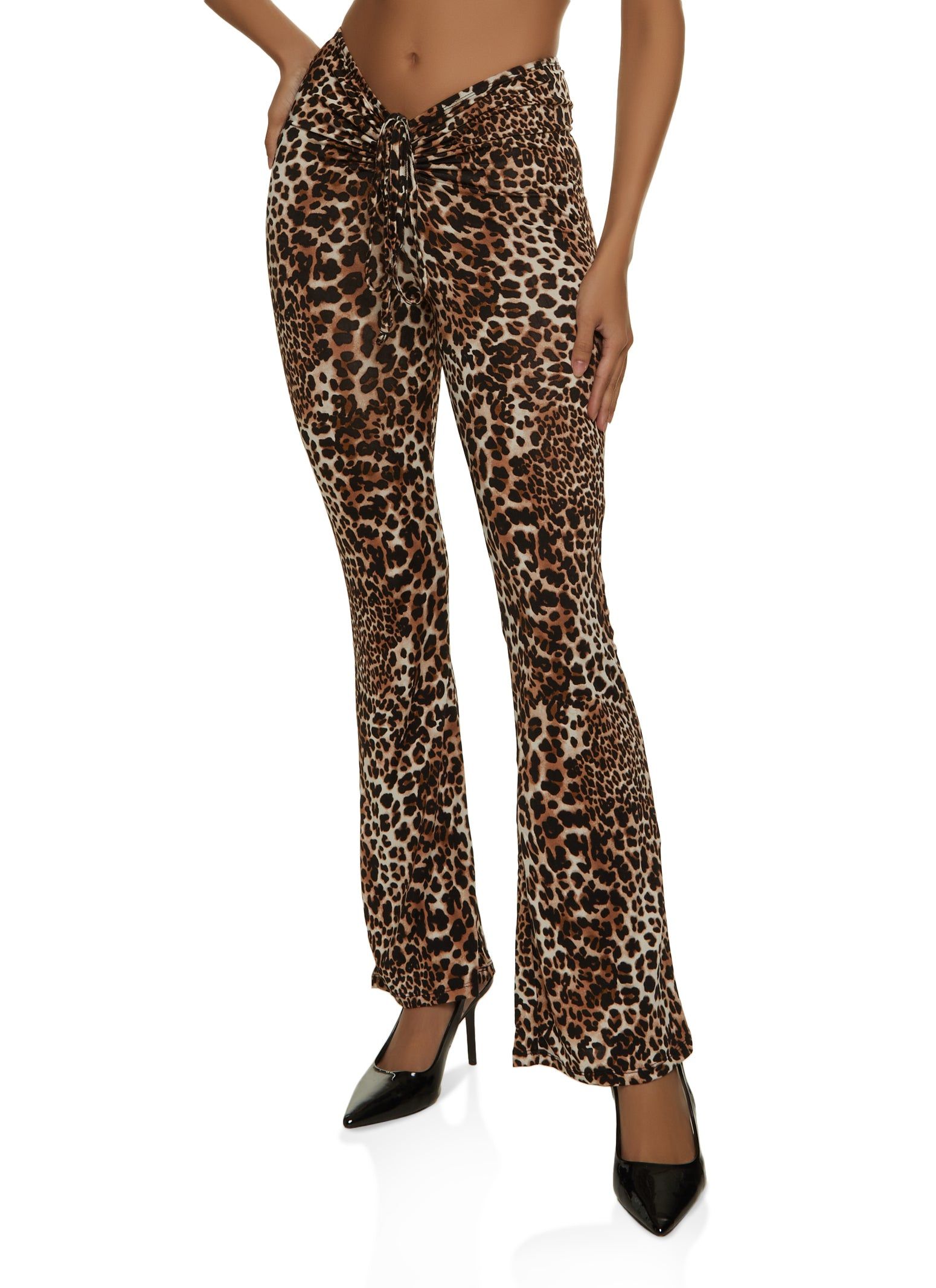 Animal Print Ruched Front Flare Leg Pants sold by Rainbow