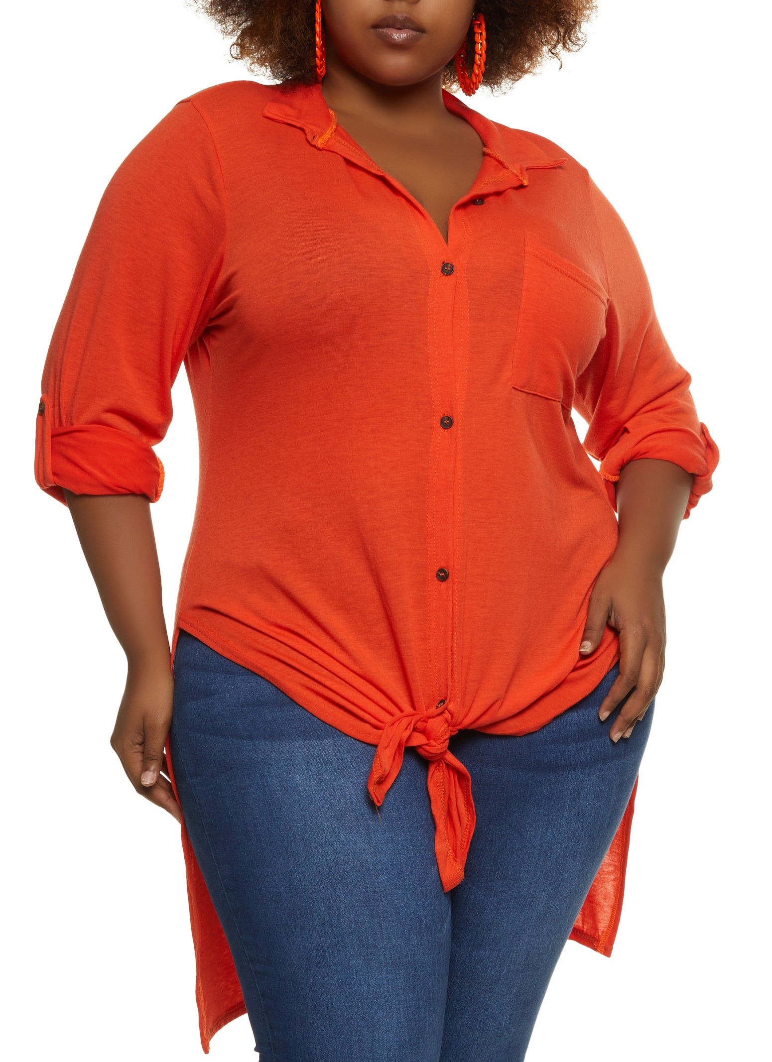 Plus Size Tie Front High Low Shirt sold by Rainbow