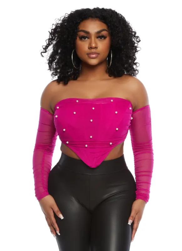Mesh Faux Pearl Off the Shoulder Crop Top sold by Rainbow