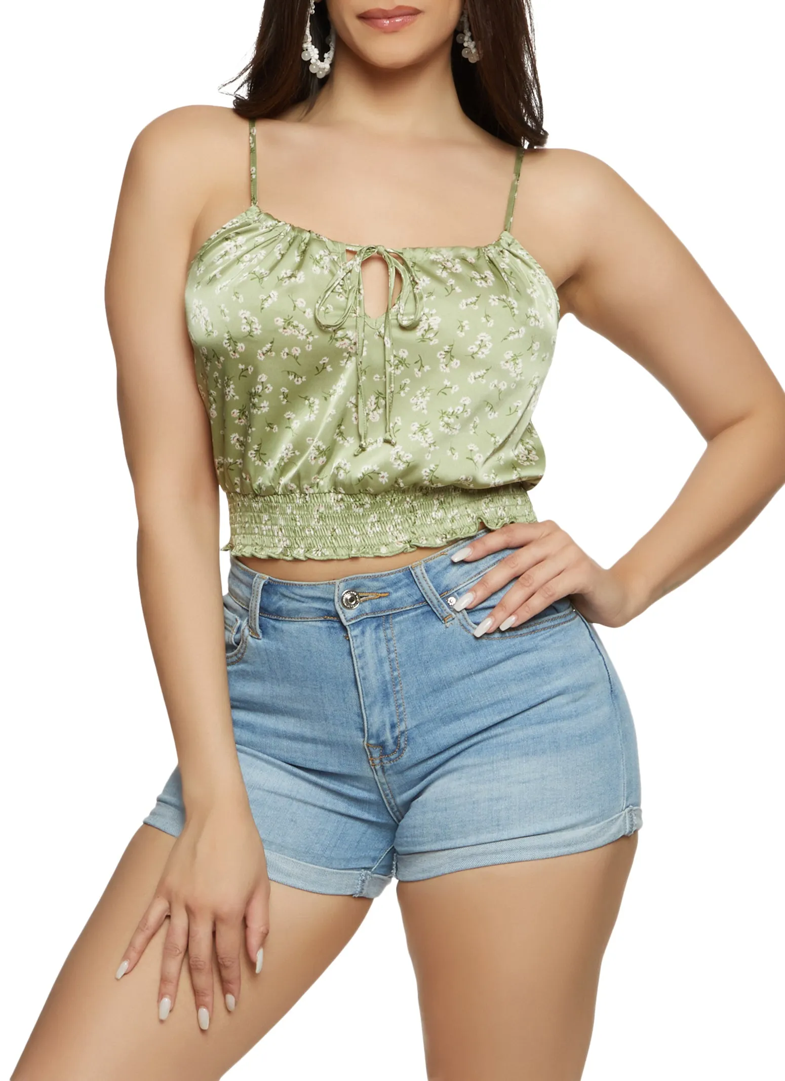 Satin Floral Smocked Tie Front Cami sold by Rainbow