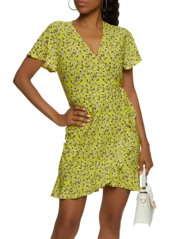 Floral Print Ruffle Trim Wrap Dress sold by Rainbow