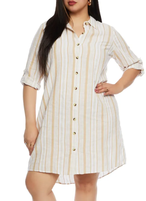 Plus Size Linen Striped Shirt Dress sold by Rainbow
