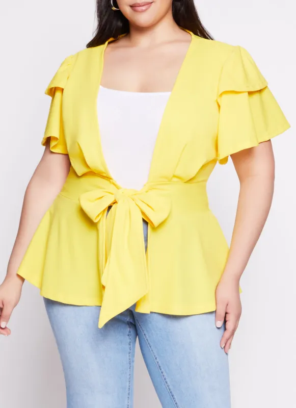 Plus Size Tiered Sleeve Tie Front Peplum Top sold by Rainbow
