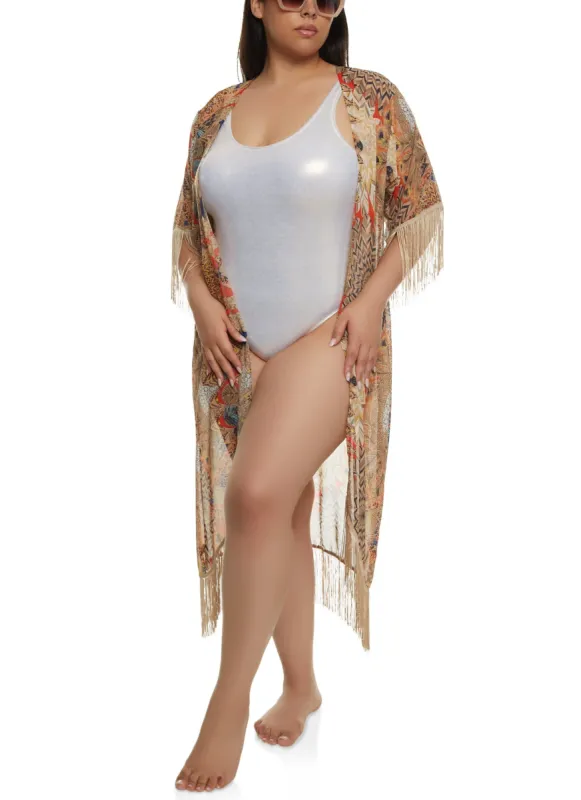 Psychedelic Print Fringe Cover Up Kimono sold by Rainbow