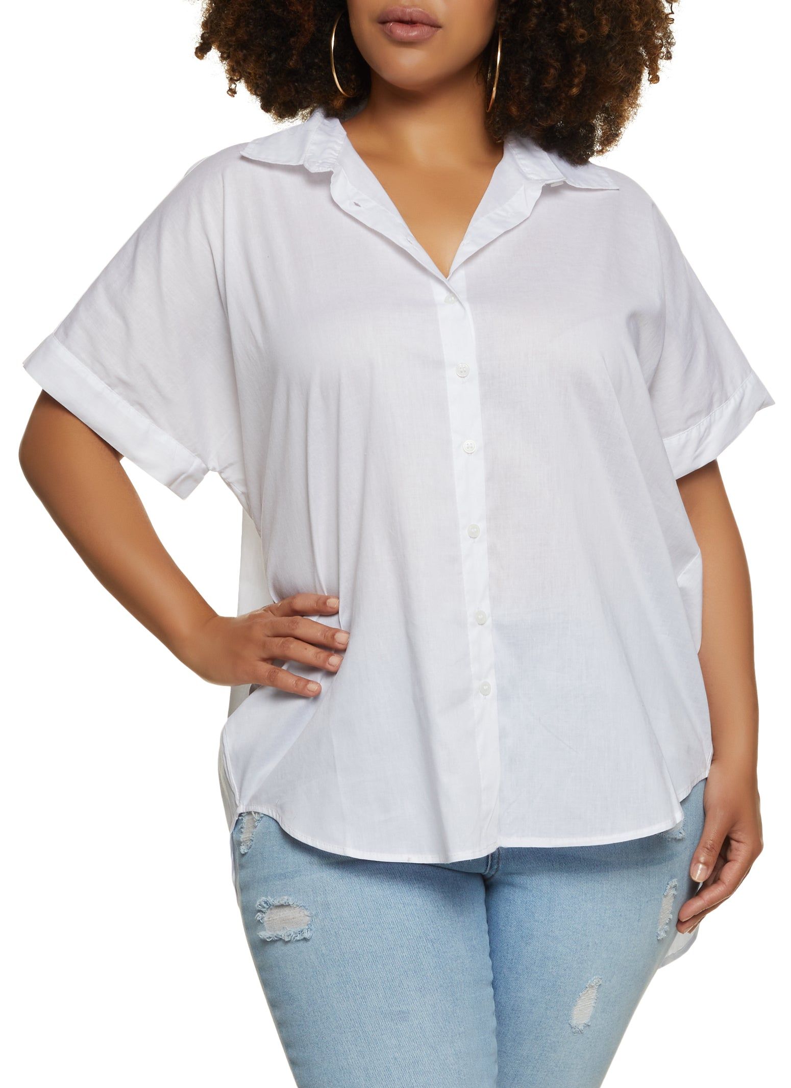 Plus Size Poplin Button Front High Low Shirt sold by Rainbow