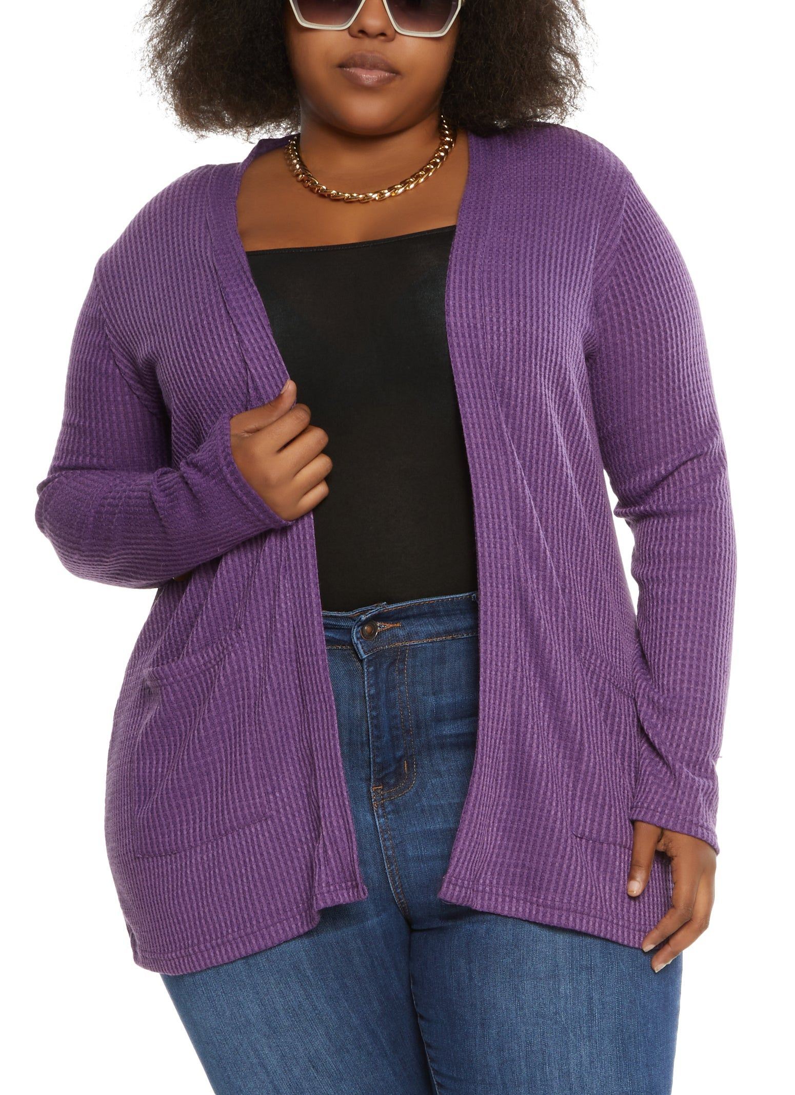 Plus Size Waffle Knit Open Front Cardigan sold by Rainbow
