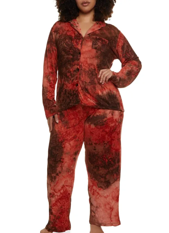 Plus Size Tie Dye Long Sleeve Pajama Shirt and Pants sold by Rainbow