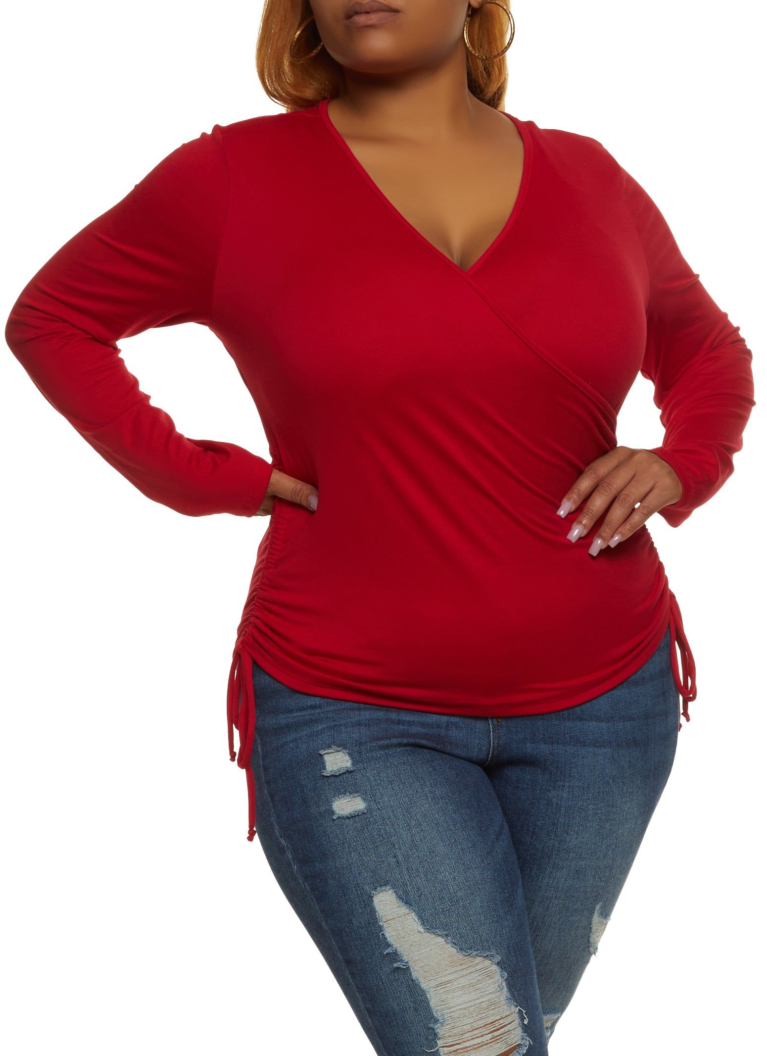 Plus Size Faux Wrap Ruched Side Top sold by Rainbow