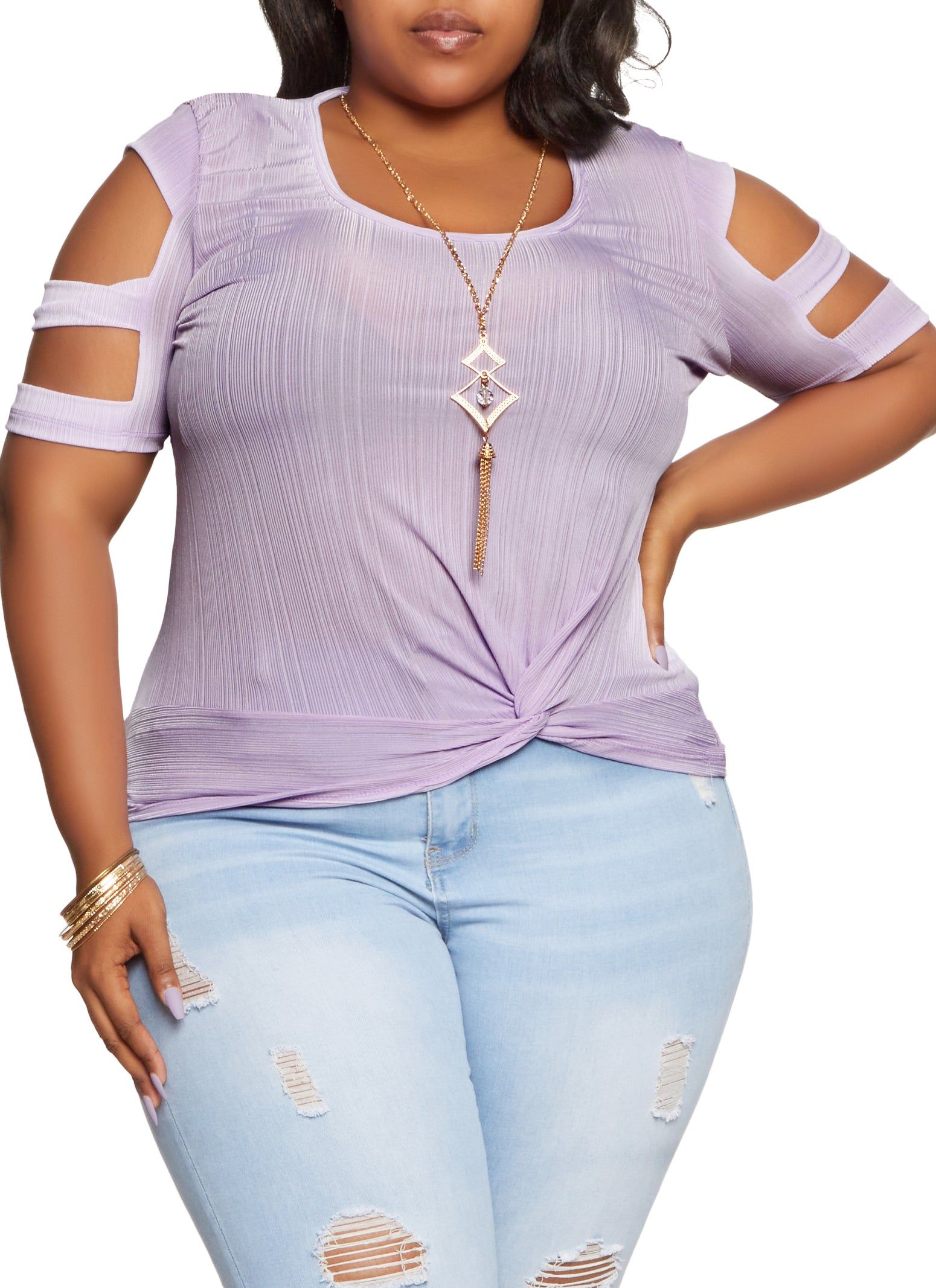 Plus Size Cut Out Sleeve Shadow Stripe Top with Necklace sold by Rainbow