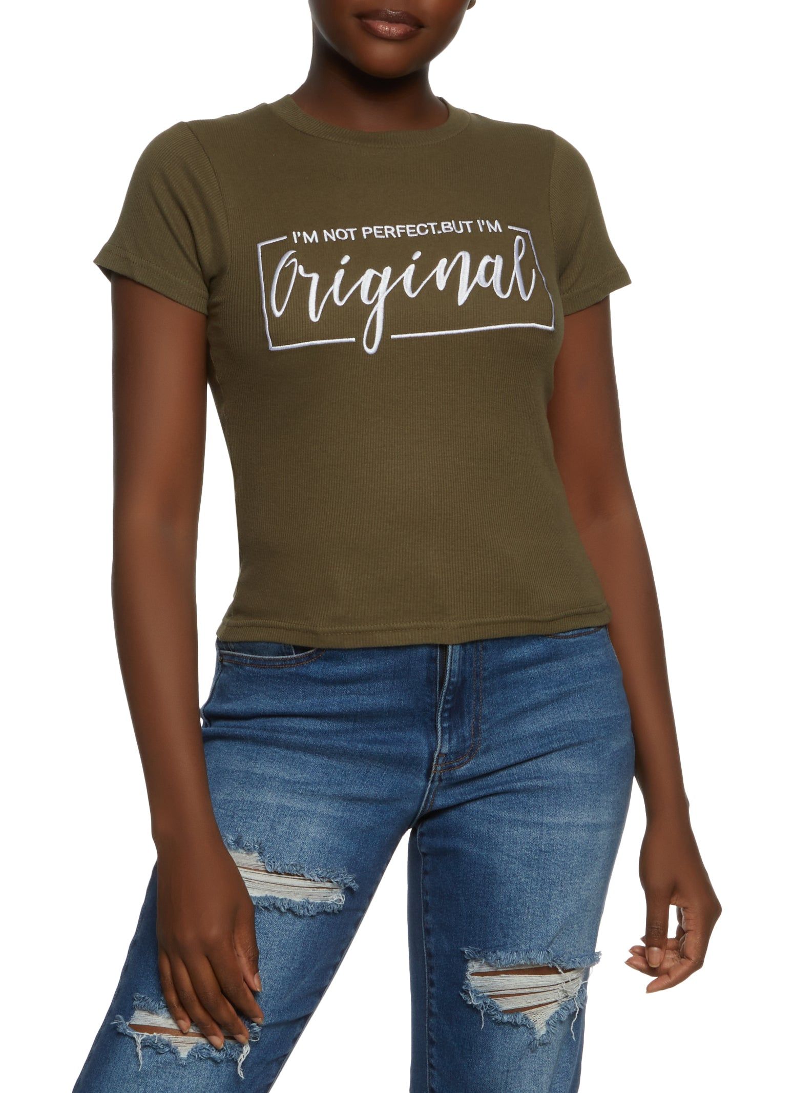 Not Perfect But Original Embroidered Graphic Tee sold by Rainbow