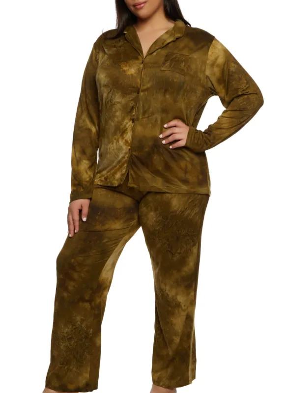 Plus Size Tie Dye Long Sleeve Pajama Shirt and Pants sold by Rainbow