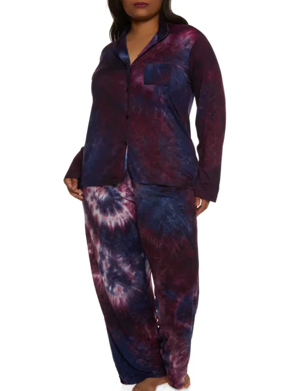 Plus Size Tie Dye Long Sleeve Pajama Shirt and Pants sold by Rainbow