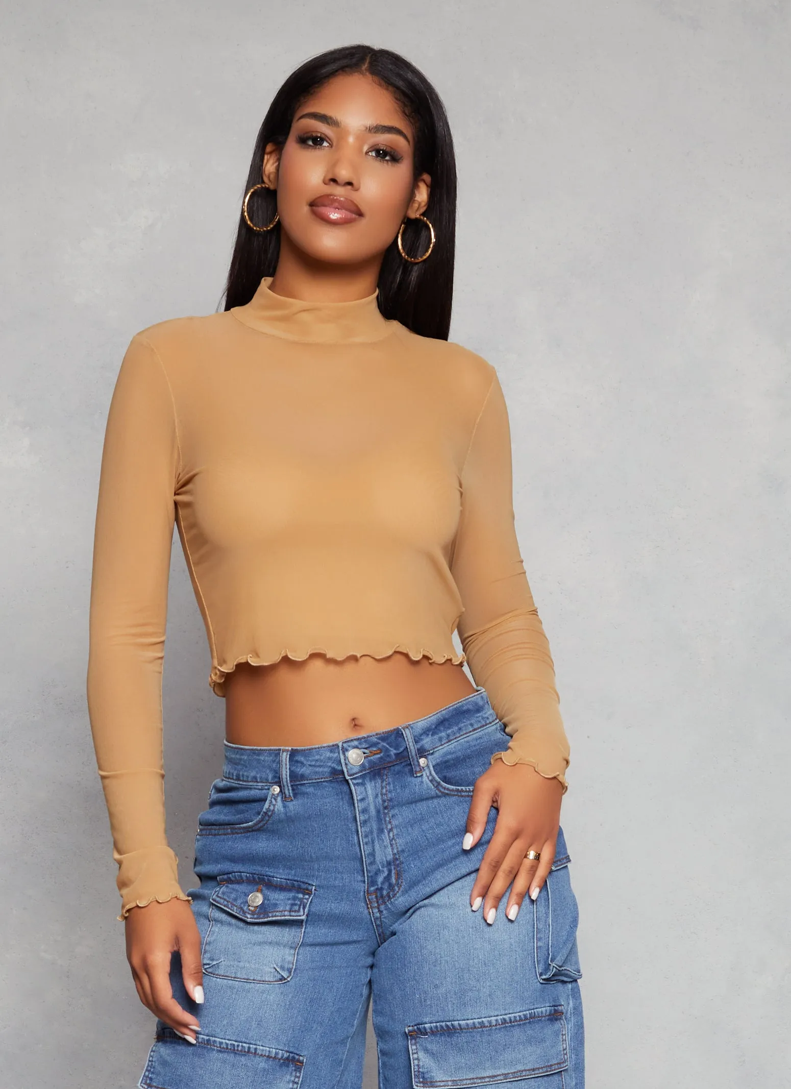 Mesh Mock Neck Lettuce Edge Crop Top sold by Rainbow