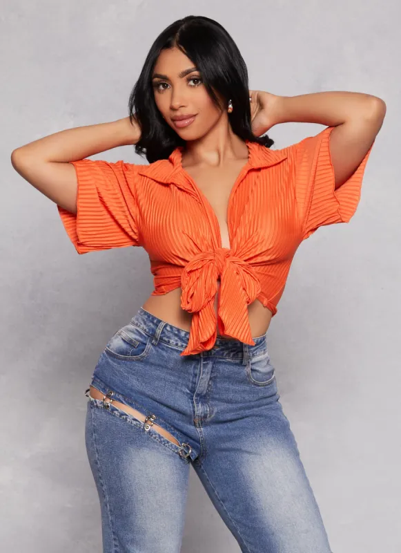 Plisse Short Sleeve Tie Front Blouse sold by Rainbow