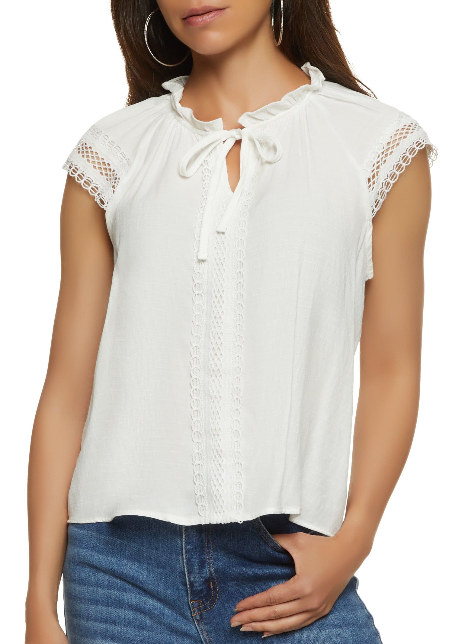 Linen Crochet Trim Tie Neck Blouse sold by Rainbow