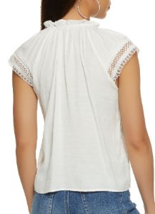 Linen Crochet Trim Tie Neck Blouse sold by Rainbow