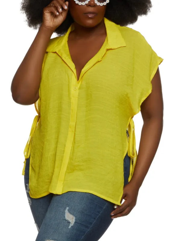 Plus Size Open Side Tie Button Front Top sold by Rainbow