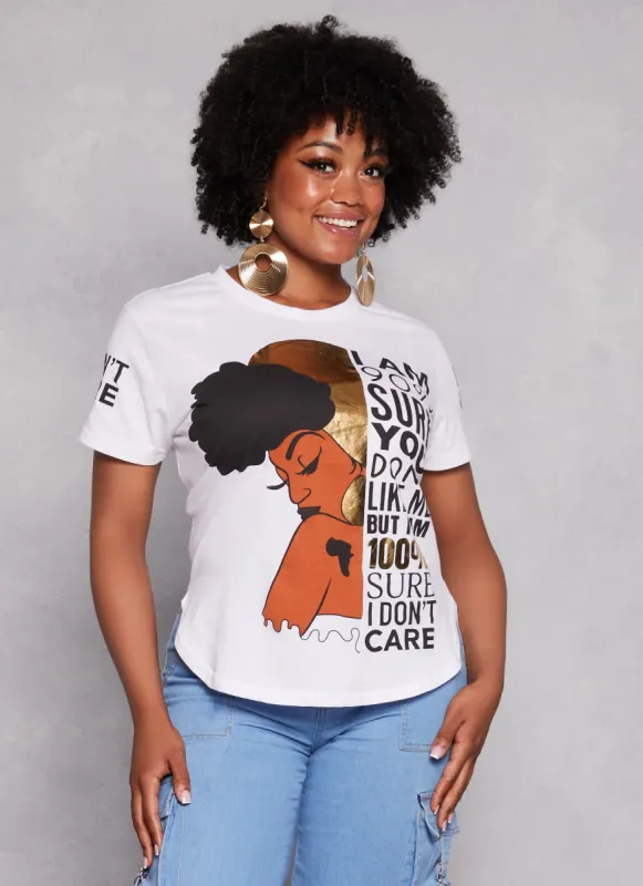 Plus Size Afro I Dont Care Foil Screen Graphic Tee sold by Rainbow