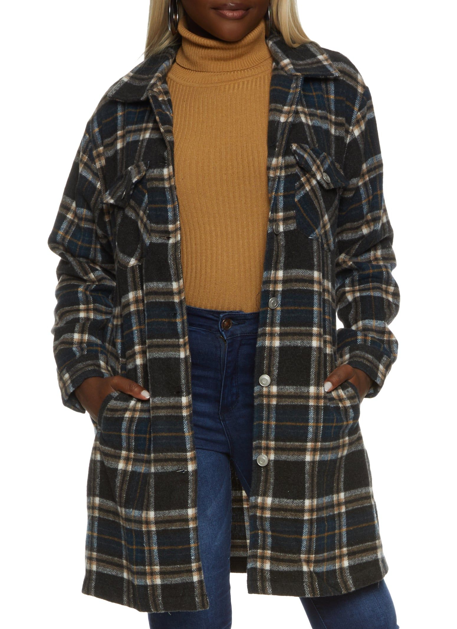 Plaid Pocket Detail Button Front Shacket sold by Rainbow