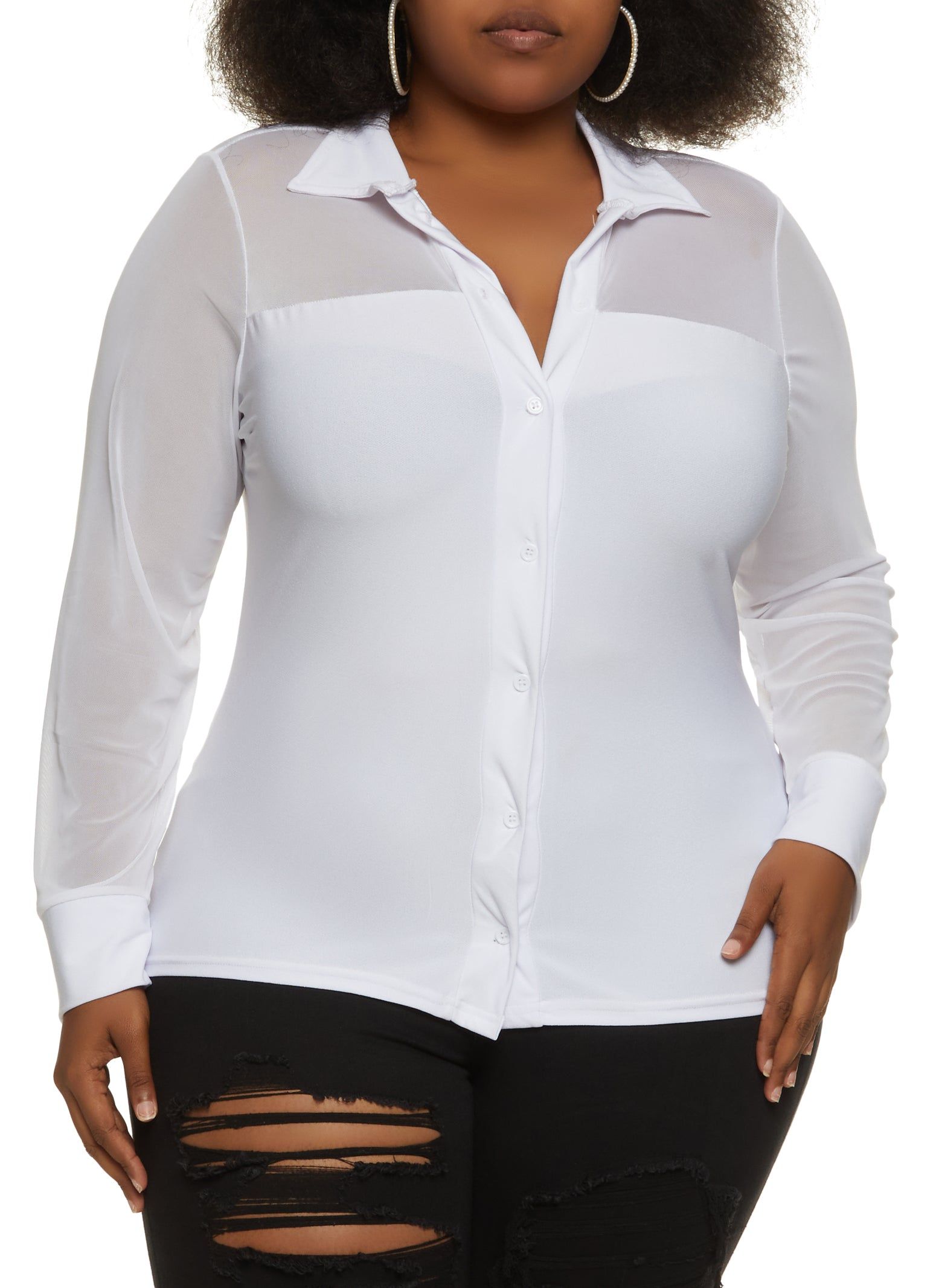 Plus Size Button Front Mesh Sleeve Shirt sold by Rainbow
