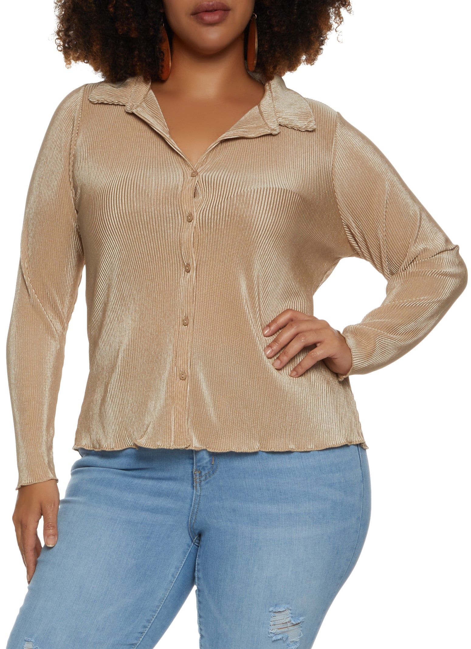 Plus Size Plisse Collared Button Front Shirt sold by Rainbow