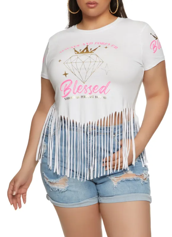 Plus Size Always And Forever Blessed Graphic Fringe Tee sold by Rainbow