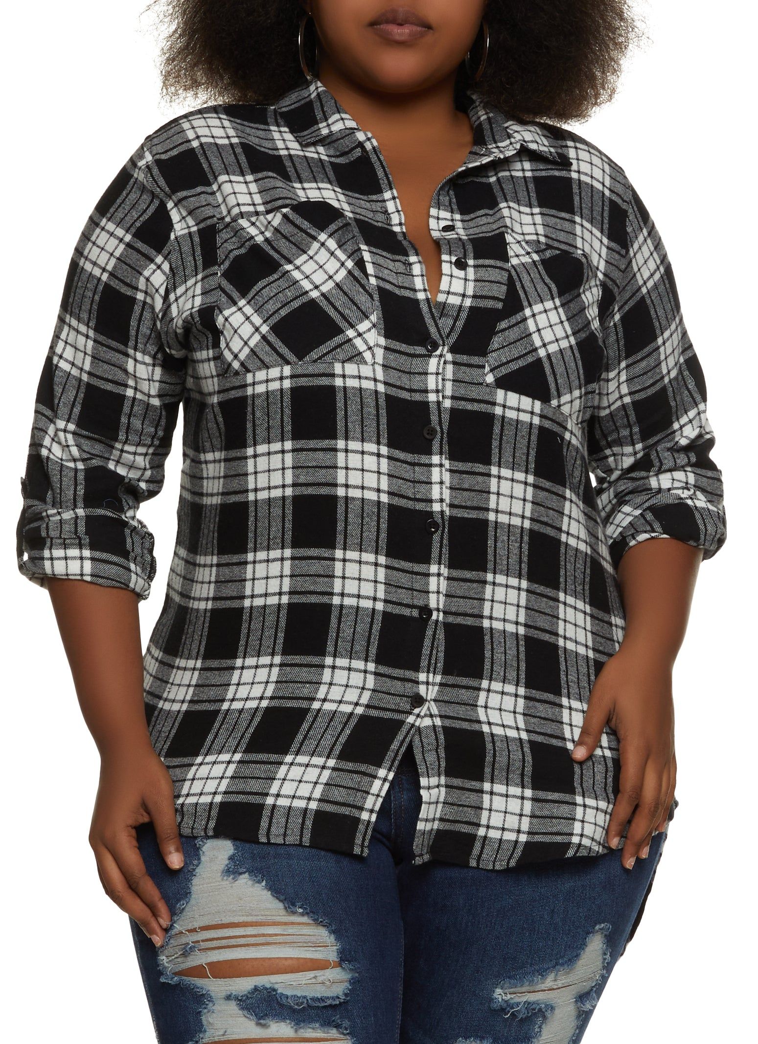 Plus Size Plaid Tabbed Sleeve Flannel Shirt sold by Rainbow
