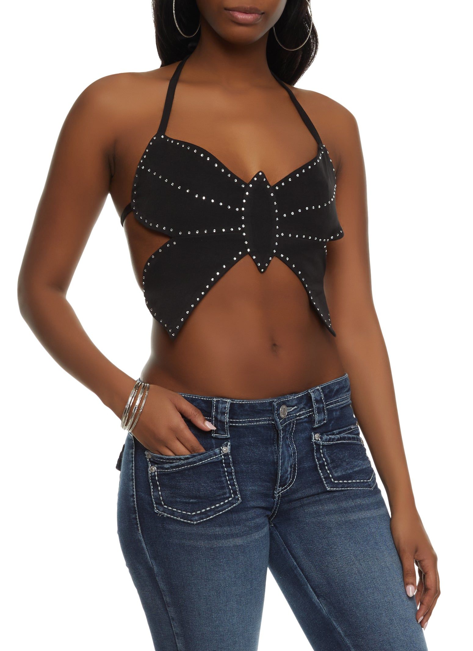 Rhinestone Studded Butterfly Cut Out Halter Top sold by Rainbow