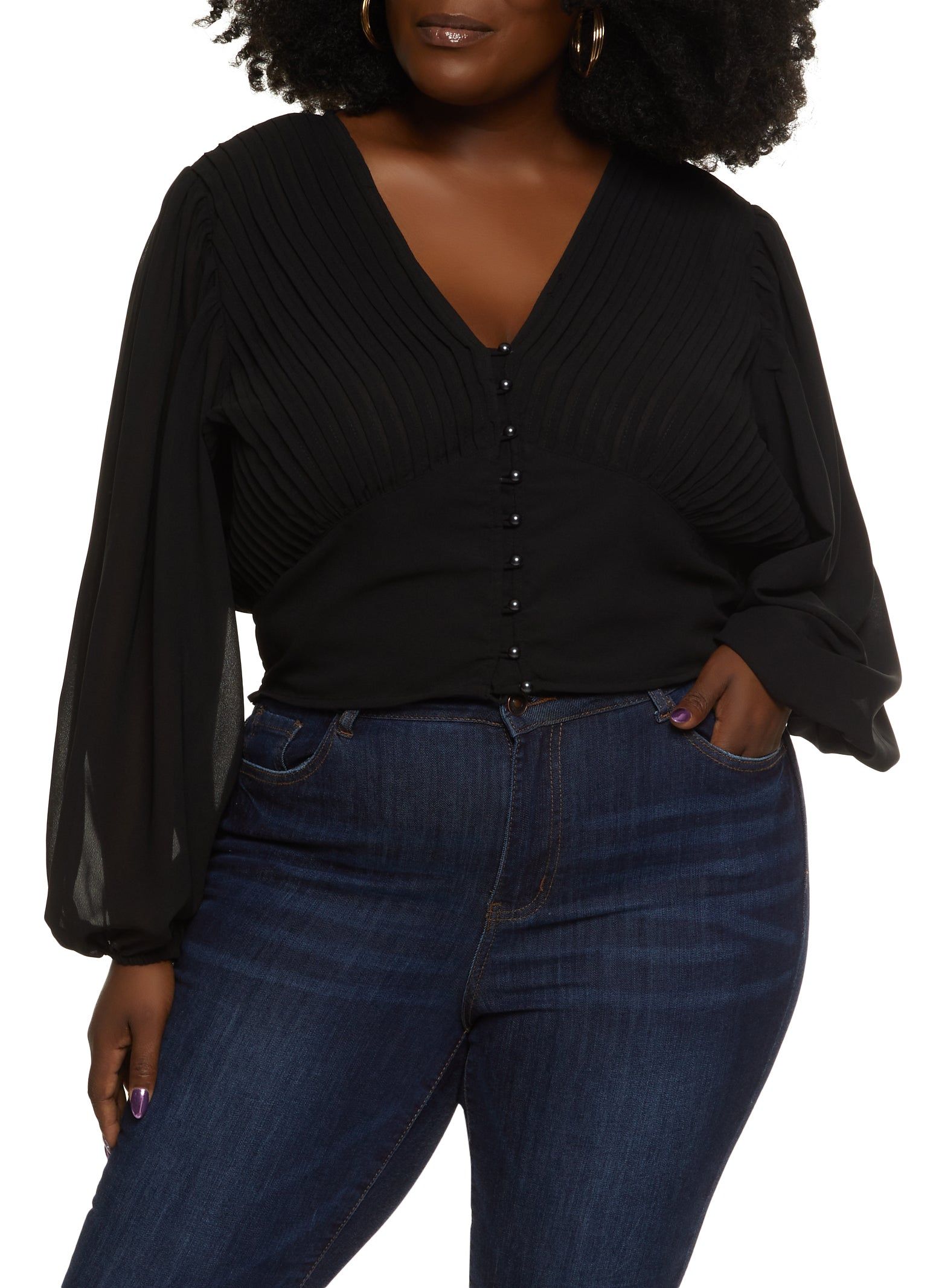 Plus Size Pleated Button Front Blouse sold by Rainbow
