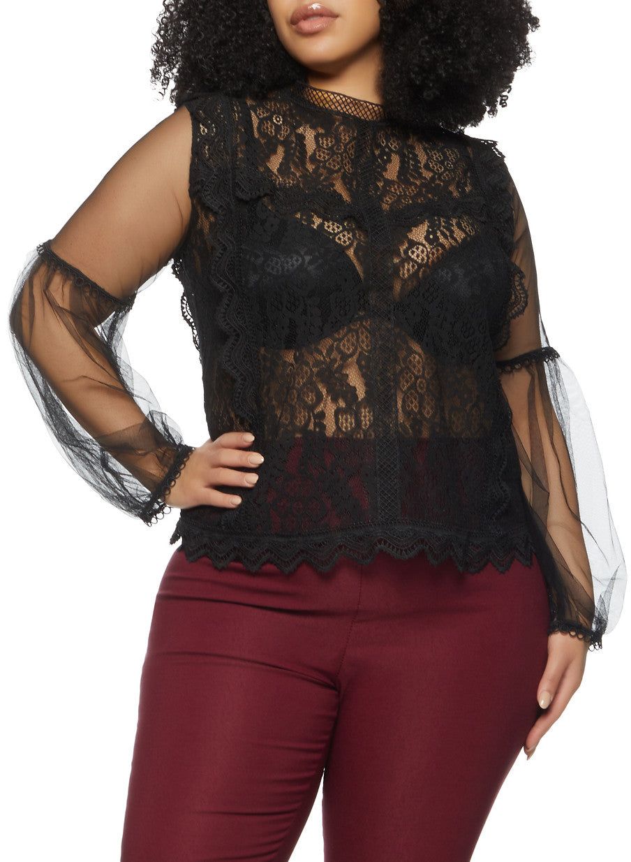 Plus Size Balloon Sleeve Lace Blouse sold by Rainbow