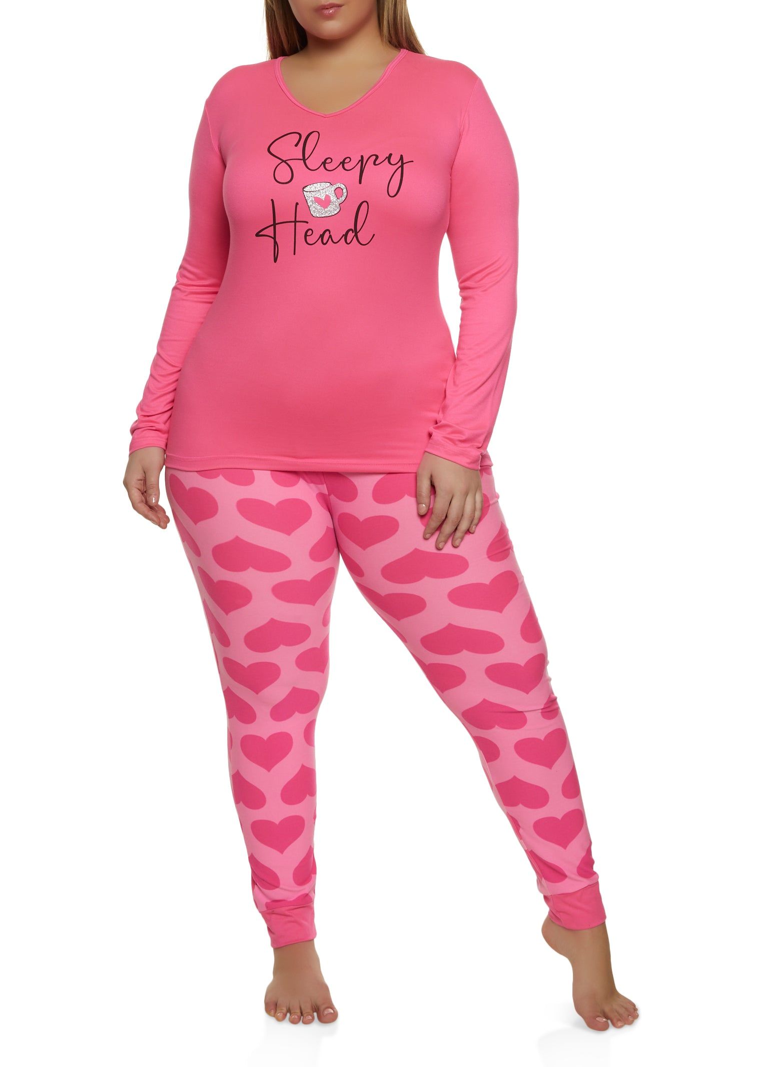 Plus Size Sleepy Head Pajama Top and Heart Printed Pants sold by Rainbow