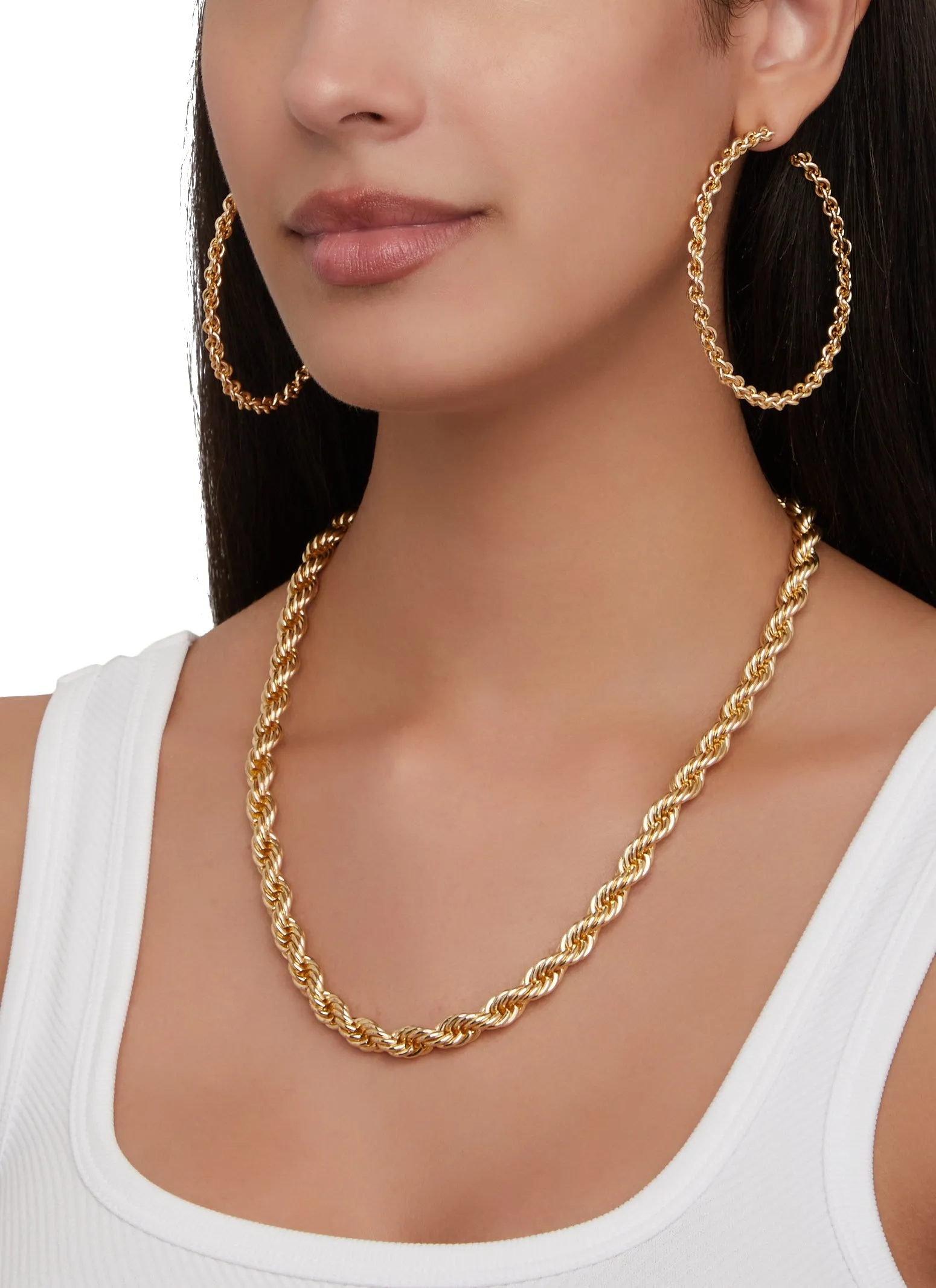 Rope Necklace and Hoop Earrings sold by Rainbow